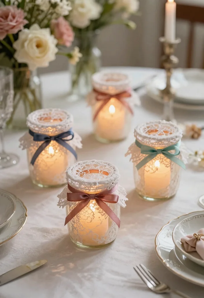 12 Jar Candle Holder Ideas You Can Make Without Spending $20 - 5. Lace and Ribbon Candle Holders 1
