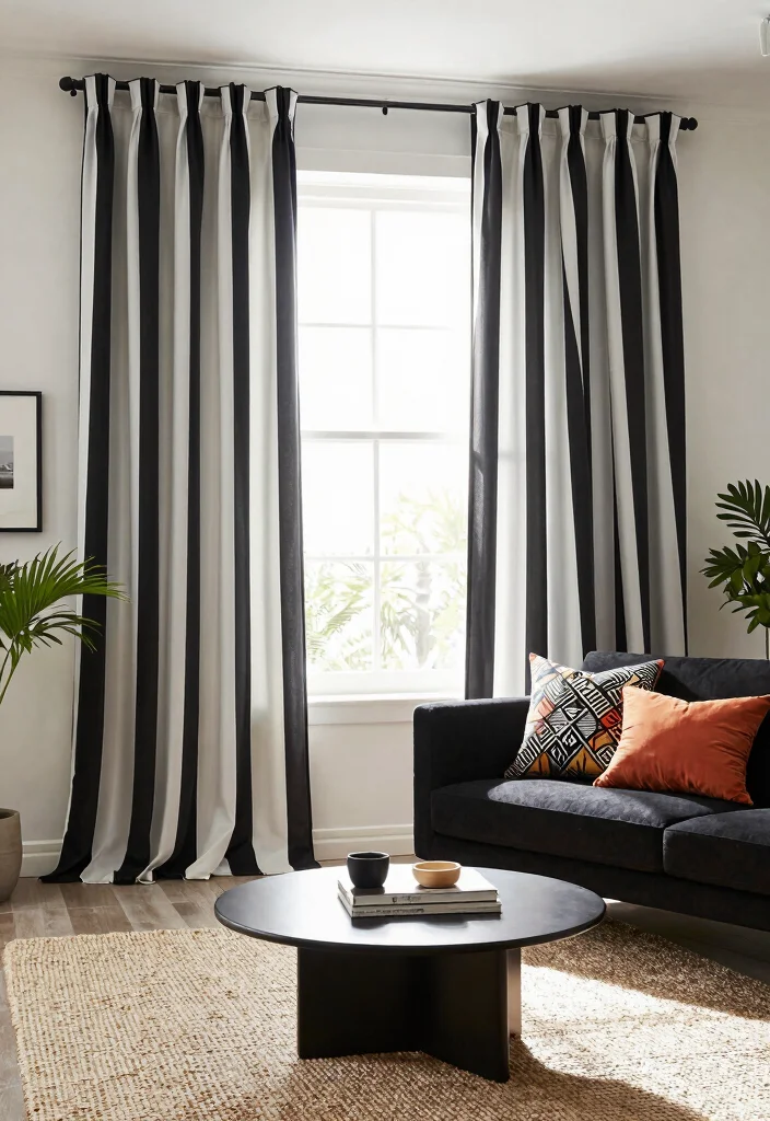 12 Pattern Curtains Living Room Ideas That Add Color Without Clutter - 4. Modern Stripes 1