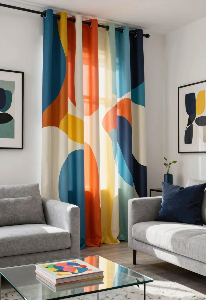 12 Pattern Curtains Living Room Ideas That Add Color Without Clutter - 7. Artistic Abstracts 1