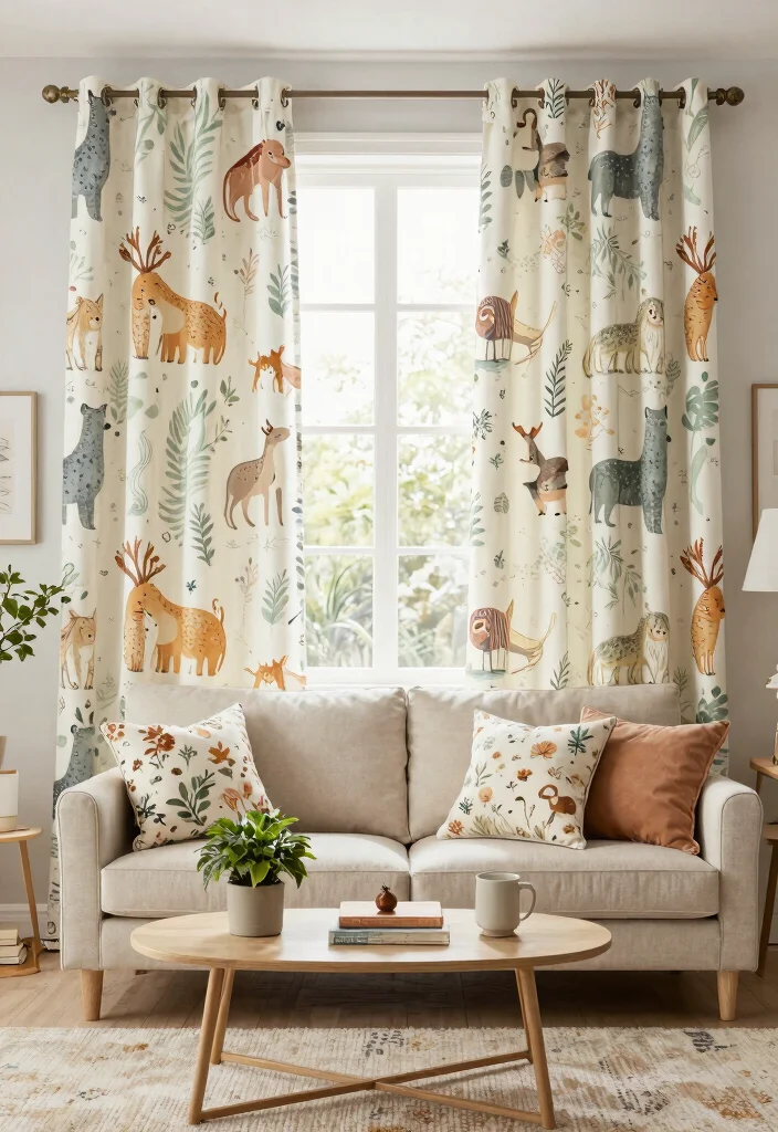 12 Pattern Curtains Living Room Ideas That Add Color Without Clutter - 8. Whimsical Wildlife 1