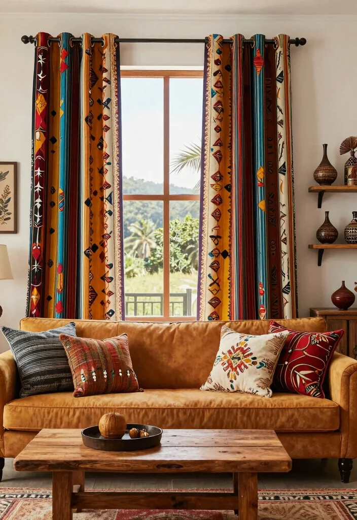 12 Pattern Curtains Living Room Ideas That Add Color Without Clutter - 9. Elegant Ethnics 1