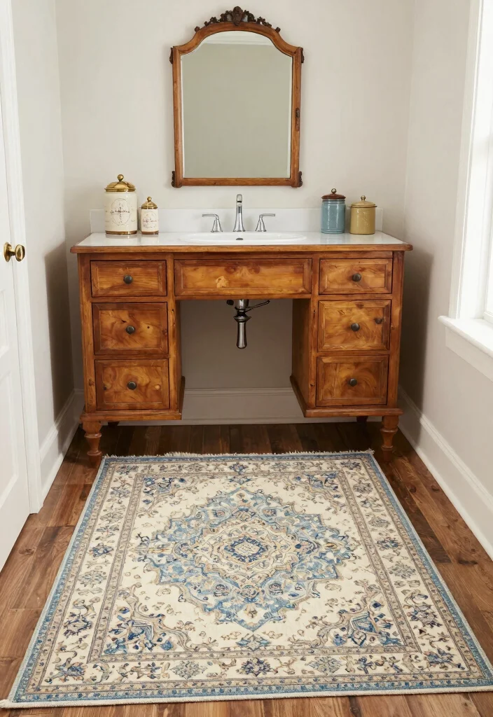 14 Bathroom Rug Ideas That Dry Fast and Stay in Place - 10. Vintage-Inspired Rugs 1