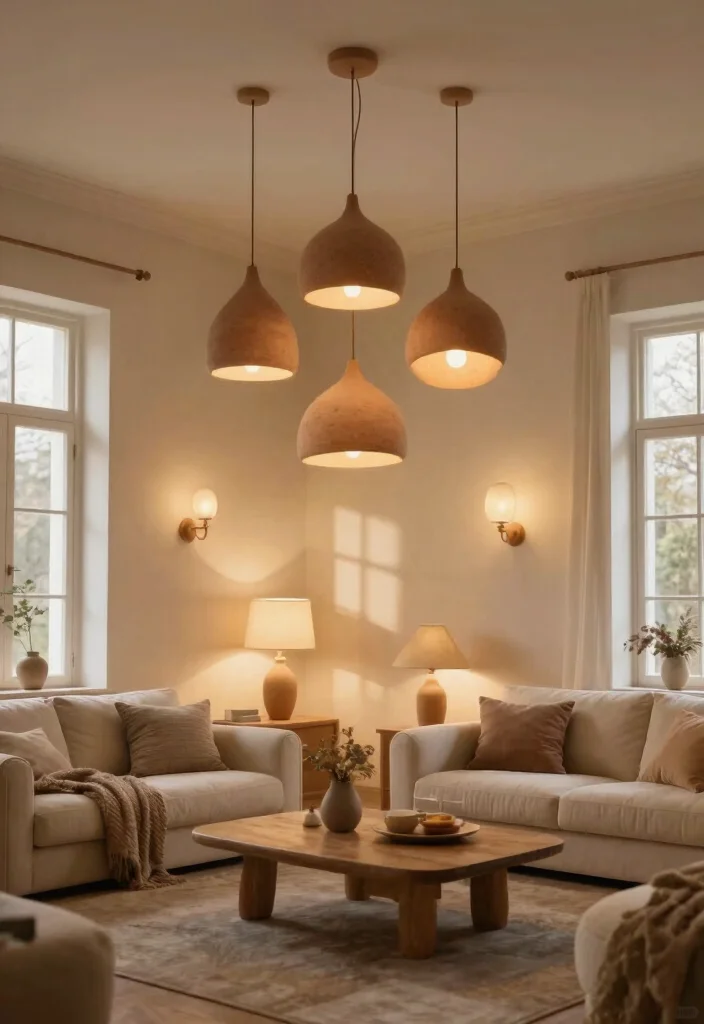 14 Clay Pendant Light Ideas That Add Warmth Without Looking Rustic - 8. Layered Lighting with Clay Pendants 1