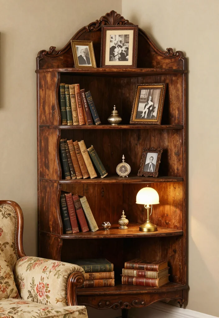 14 Corner Shelf Ideas Living Room Setups That Hide Dead Space - 10. Vintage Corner Shelf 1