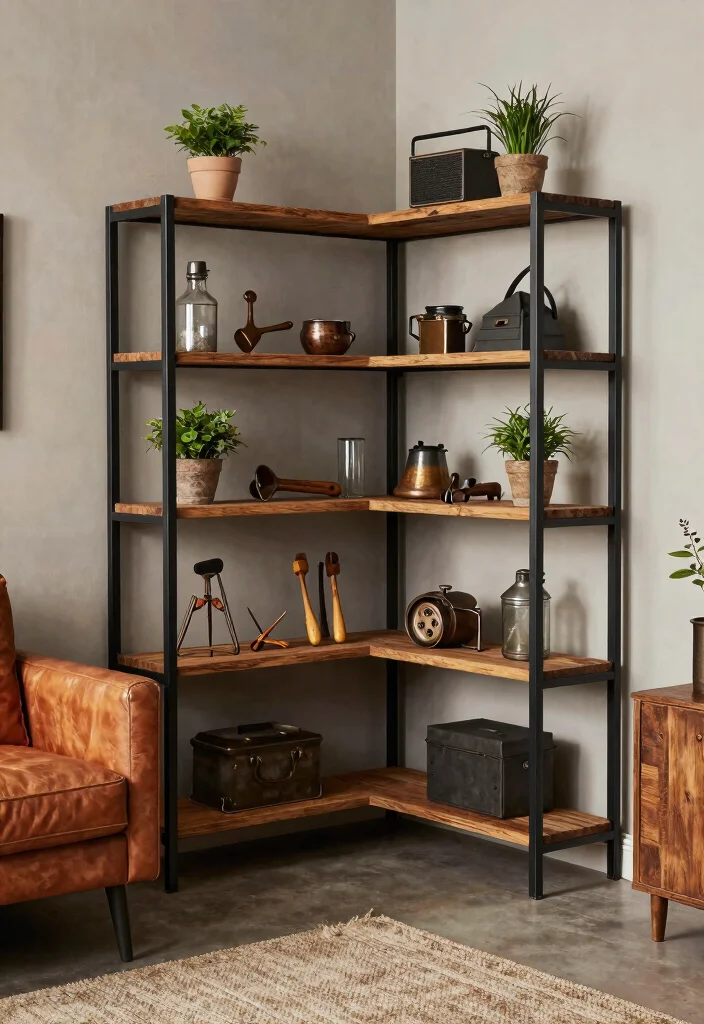 14 Corner Shelf Ideas Living Room Setups That Hide Dead Space - 12. Industrial Corner Shelving 1