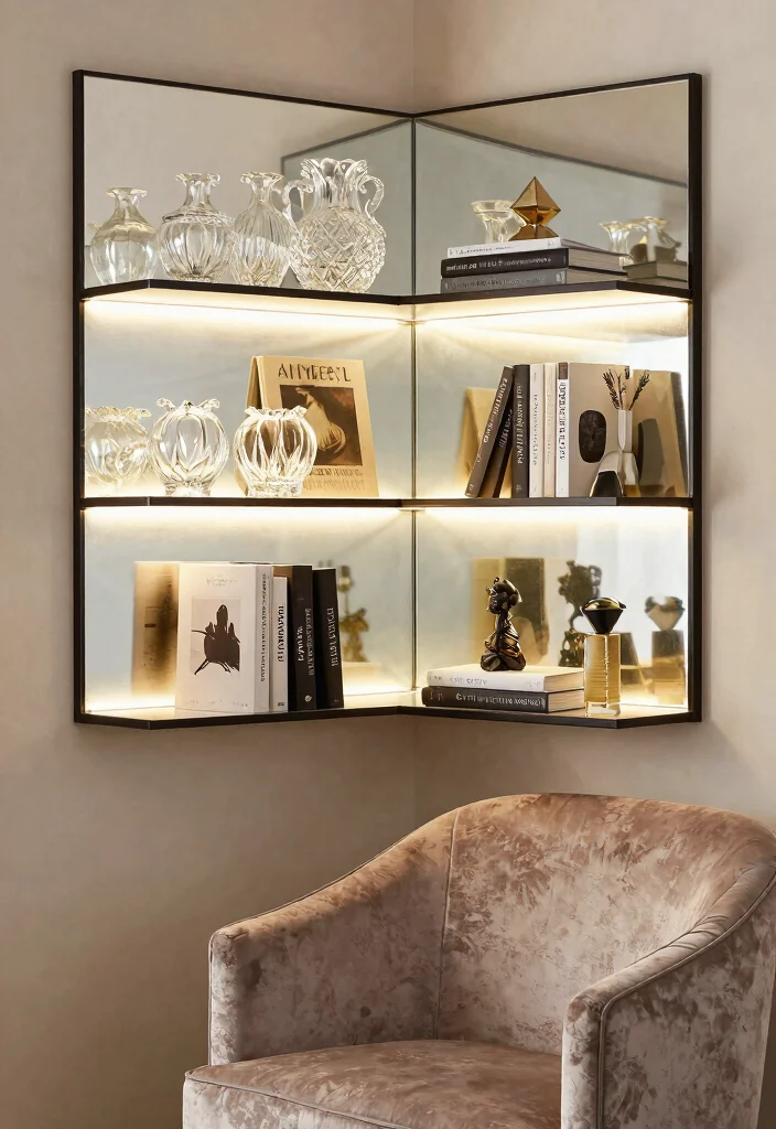 14 Corner Shelf Ideas Living Room Setups That Hide Dead Space - 13. Mirror-Backed Corner Shelf 1