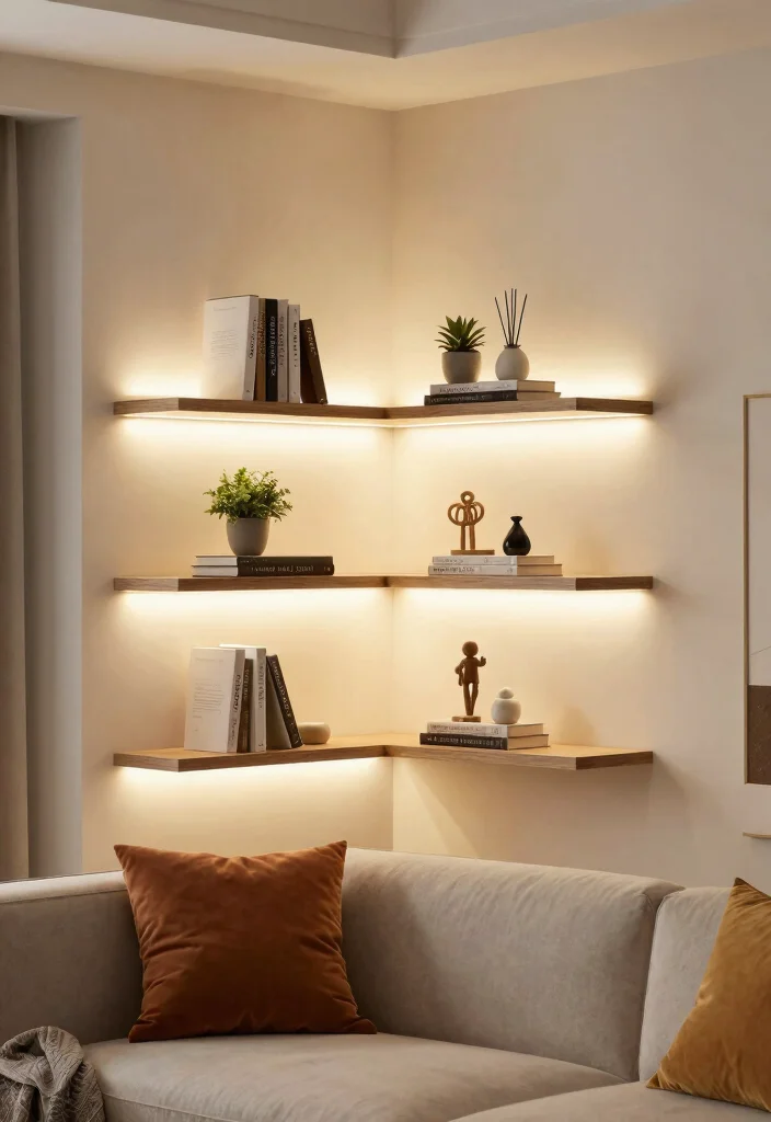 14 Corner Shelf Ideas Living Room Setups That Hide Dead Space - 14. Corner Shelf with Integrated Lighting 1