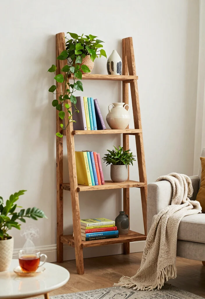 14 Corner Shelf Ideas Living Room Setups That Hide Dead Space - 2. Ladder Shelf for Vertical Interest 1