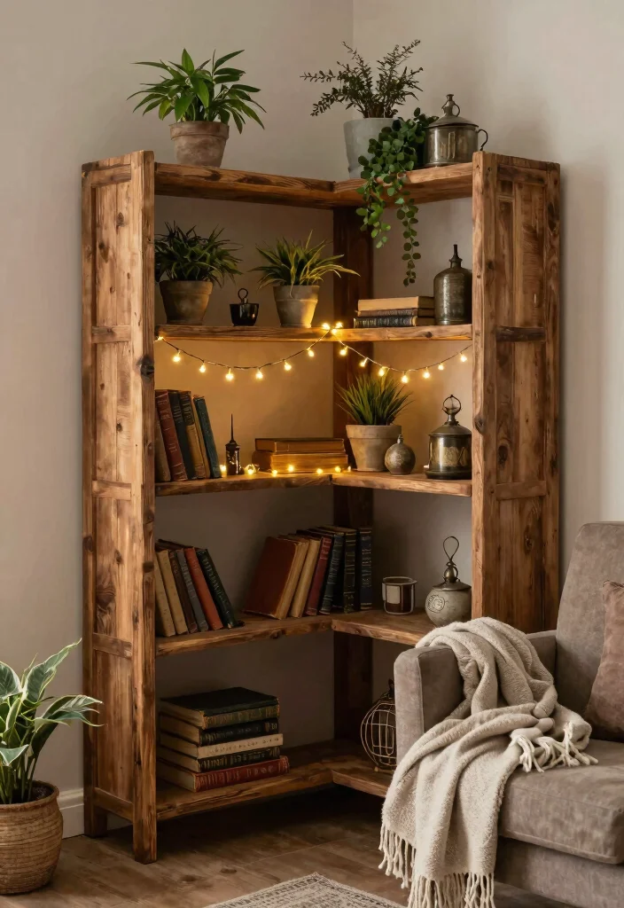14 Corner Shelf Ideas Living Room Setups That Hide Dead Space - 6. Rustic Corner Shelving 1