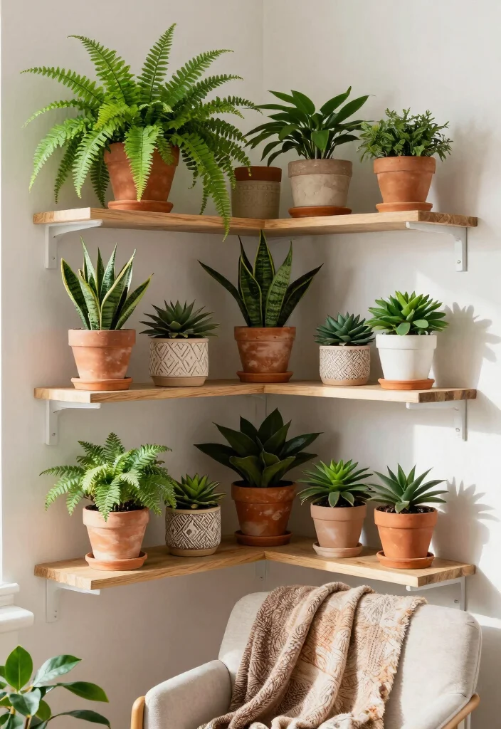 14 Corner Shelf Ideas Living Room Setups That Hide Dead Space - 7. Corner Plant Shelf 1