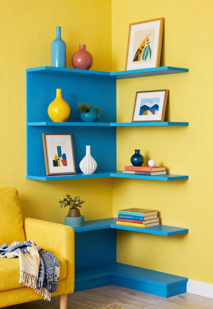 14 Corner Shelf Ideas Living Room Setups That Hide Dead Space - 9. Color-Blocked Corner Shelf 1