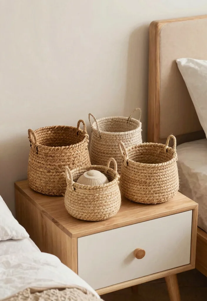14 Cute Nightstand Decor Ideas That Don't Take Up Surface Space - 13. Fabric or Woven Baskets 1