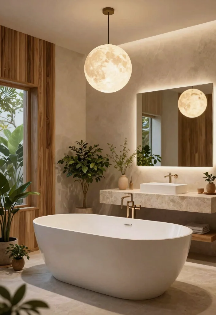 14 Moon Pendant Light Ideas That Create Soft Ambient Glow - 5. Bathroom Retreat: Spa-Like Ambiance 1