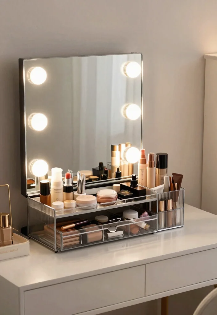 14 Vanity Mirror Ideas That Provide Perfect Lighting for Makeup - 10. Mirrored Makeup Organizers with Built-in Lights 1