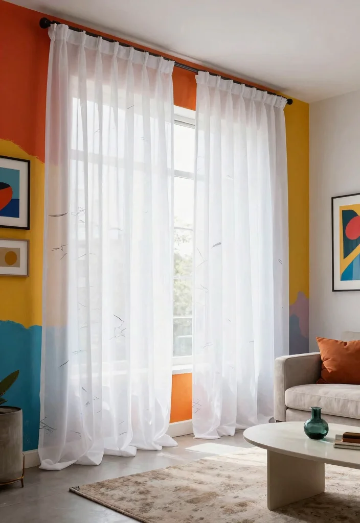14 White Sheer Living Room Curtains for Privacy Without Darkness - 9. Artistic Prints Overlaid with Sheers 1