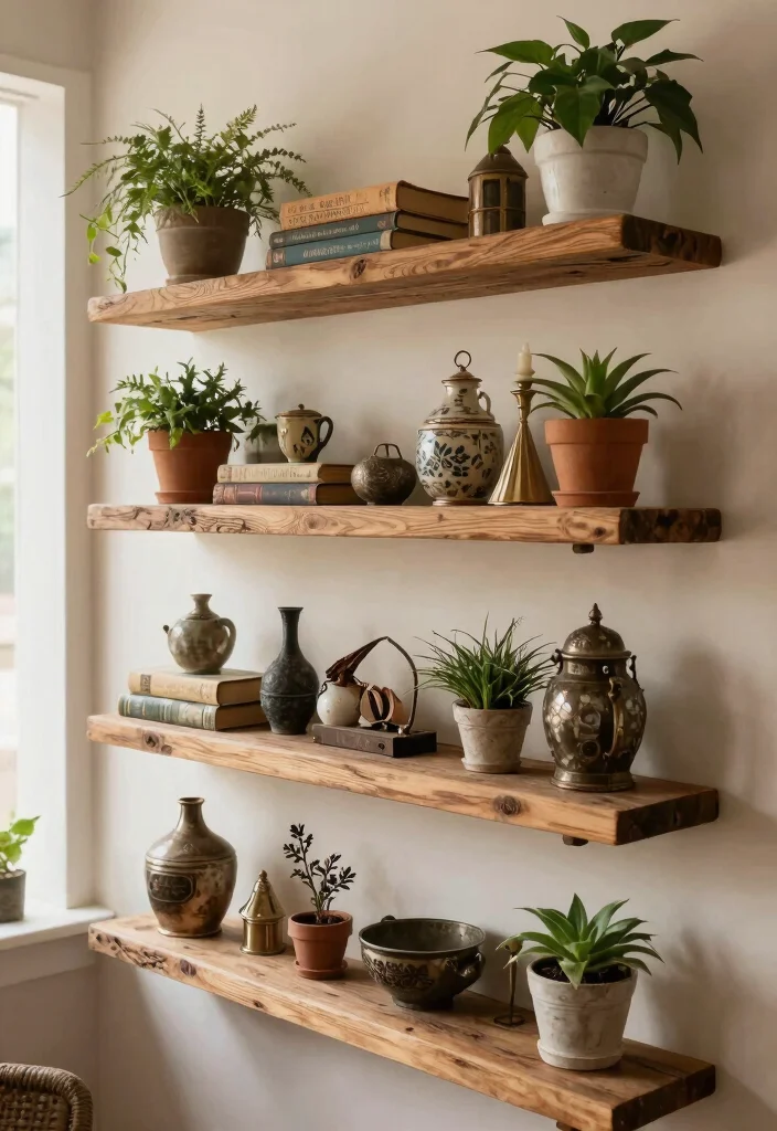 15 Antique Wall Decor Ideas That Look Expensive From Thrift Stores - 10. Rustic Wooden Shelves 1