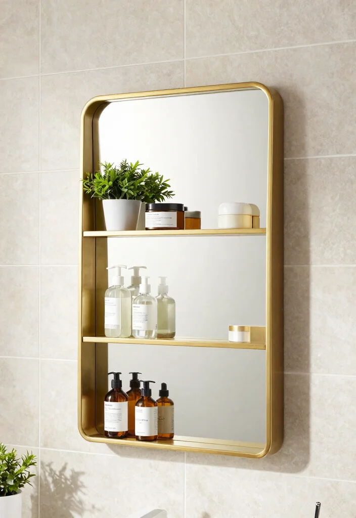 15 Brass Bathroom Mirror Ideas That Don't Tarnish in Steam - 4. Brass Mirrors with Shelving 1