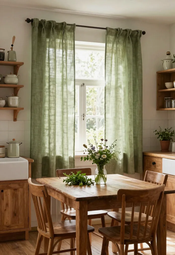 15 Sheer Linen Curtains That Filter Light Without Going See-Through - 8. Rustic Charm in the Country Kitchen 1
