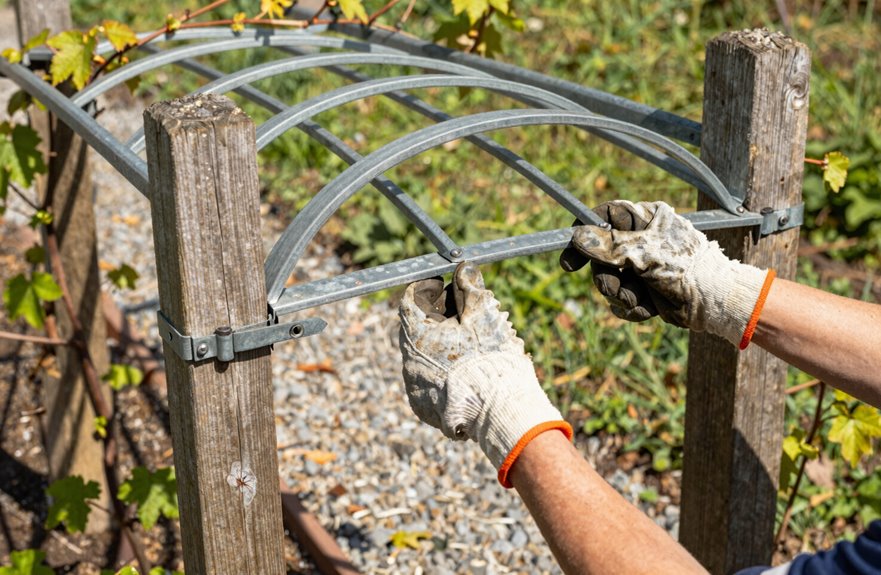 two people assemble arched trellis together