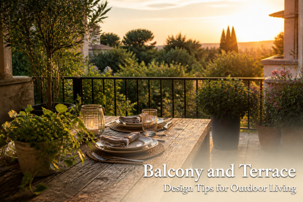 A collection of stylish outdoor furniture and decor on a balcony.
