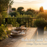 A collection of stylish outdoor furniture and decor on a balcony.