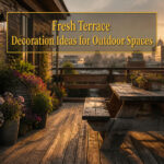 Various decorated terraces featuring seating, plants, and decorative elements.