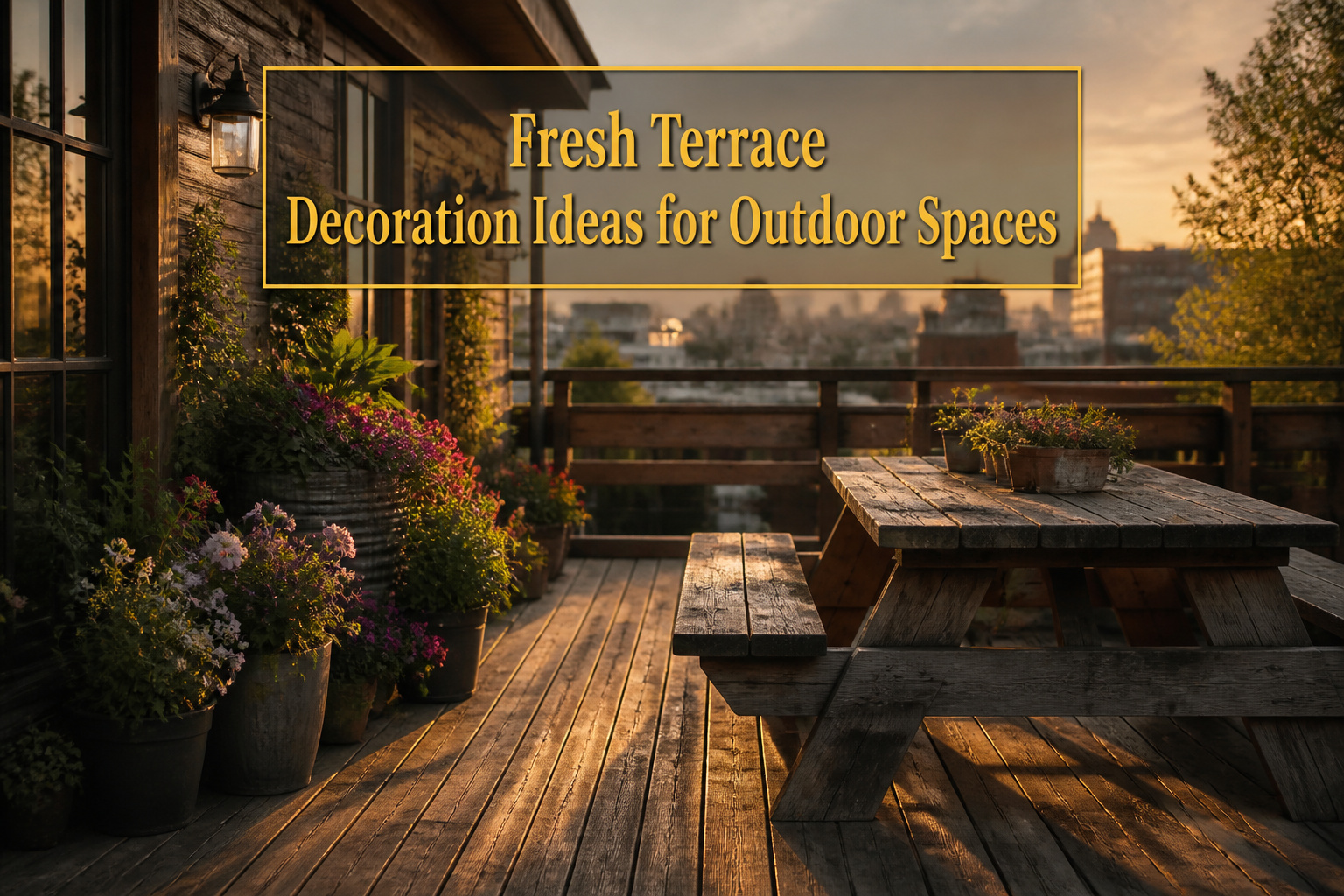 Various decorated terraces featuring seating, plants, and decorative elements.