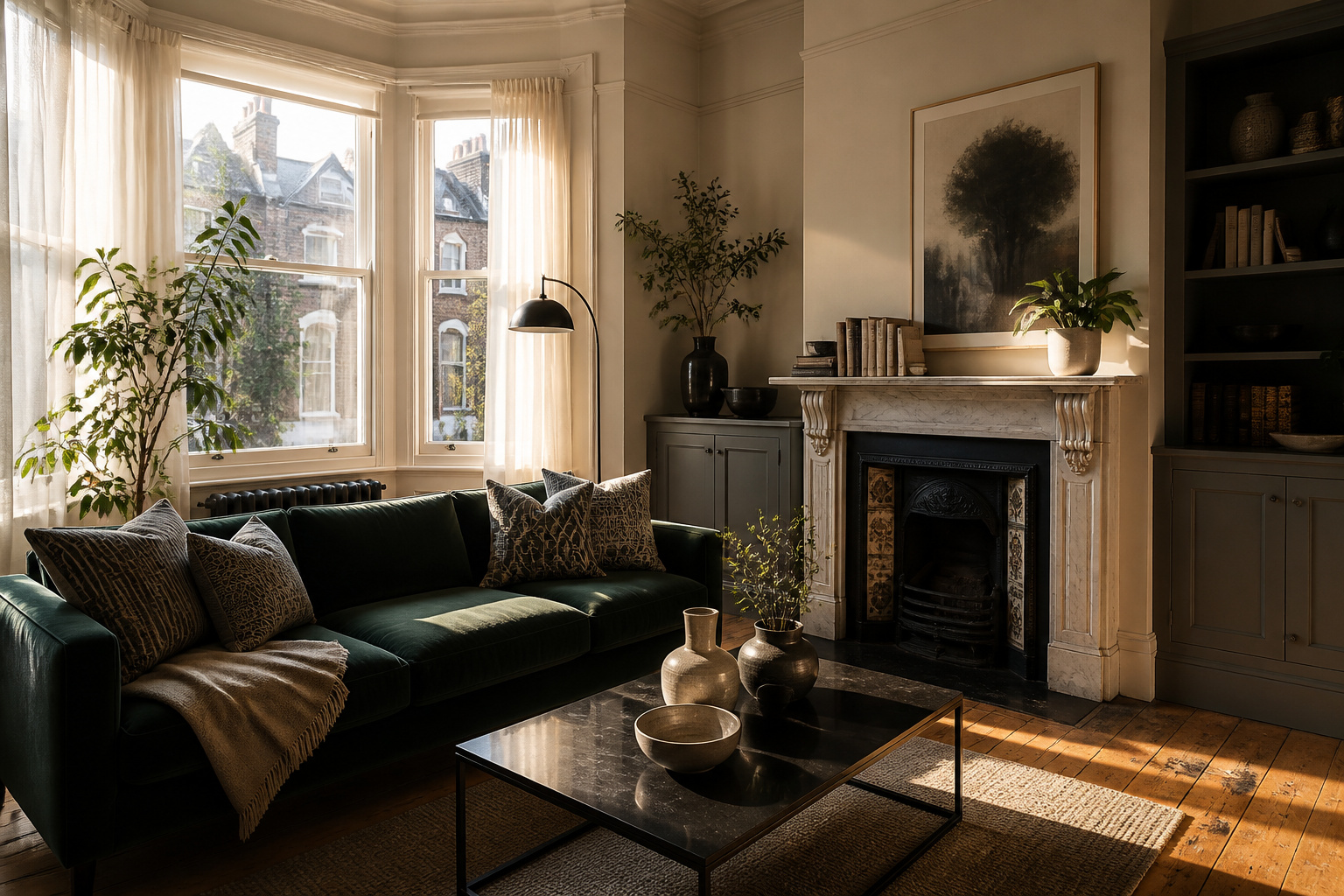 Interior of a Victorian terrace featuring warm neutral colors and original architectural details.