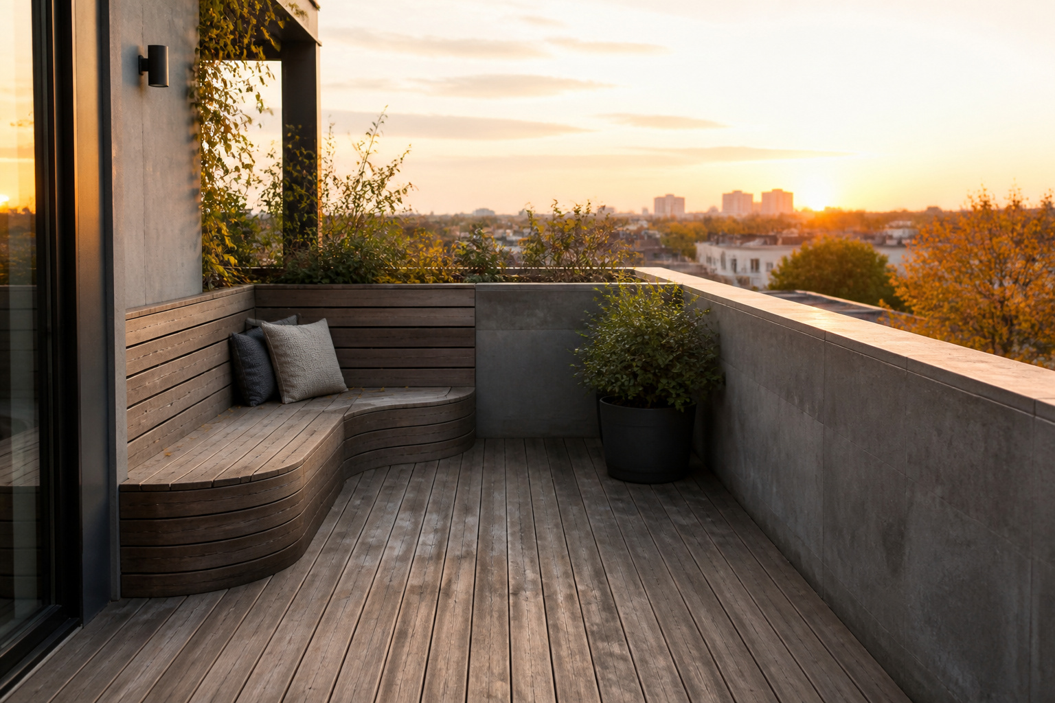 An outdoor terrace featuring a blend of materials and seating.