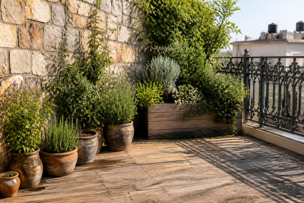 Multiple terrace designs featuring furniture, plants, and various layouts.