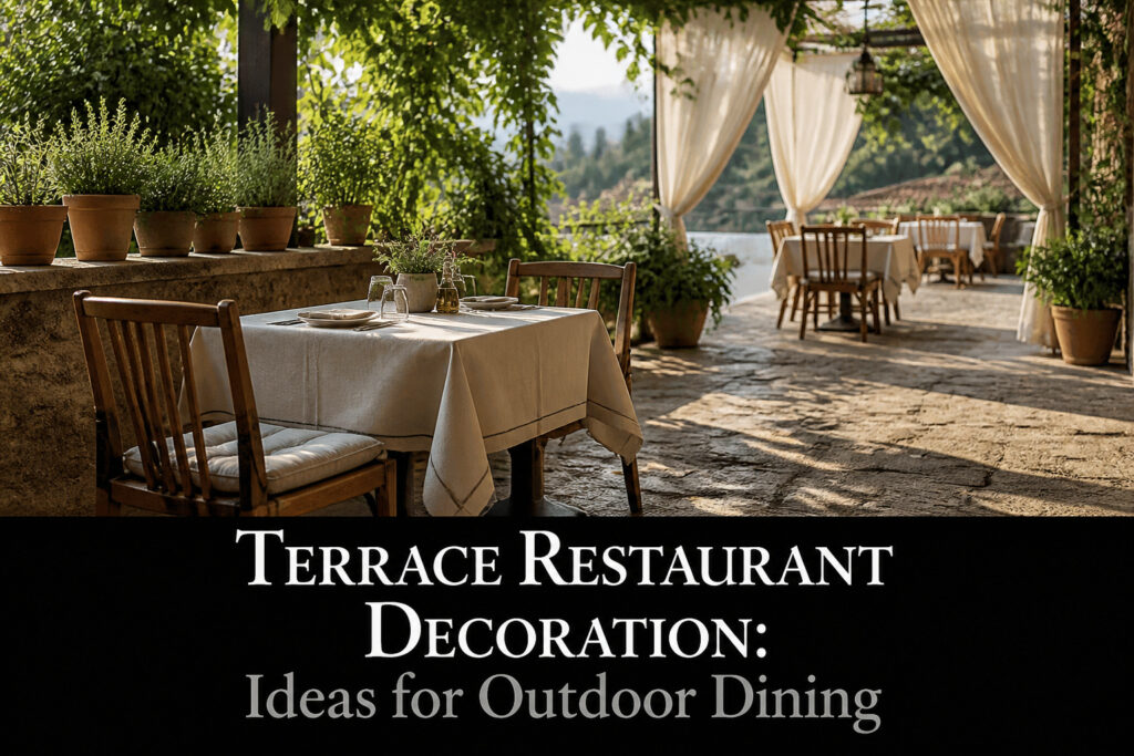 A terrace restaurant with seating, plants, and decorative elements.