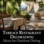 A terrace restaurant with seating, plants, and decorative elements.