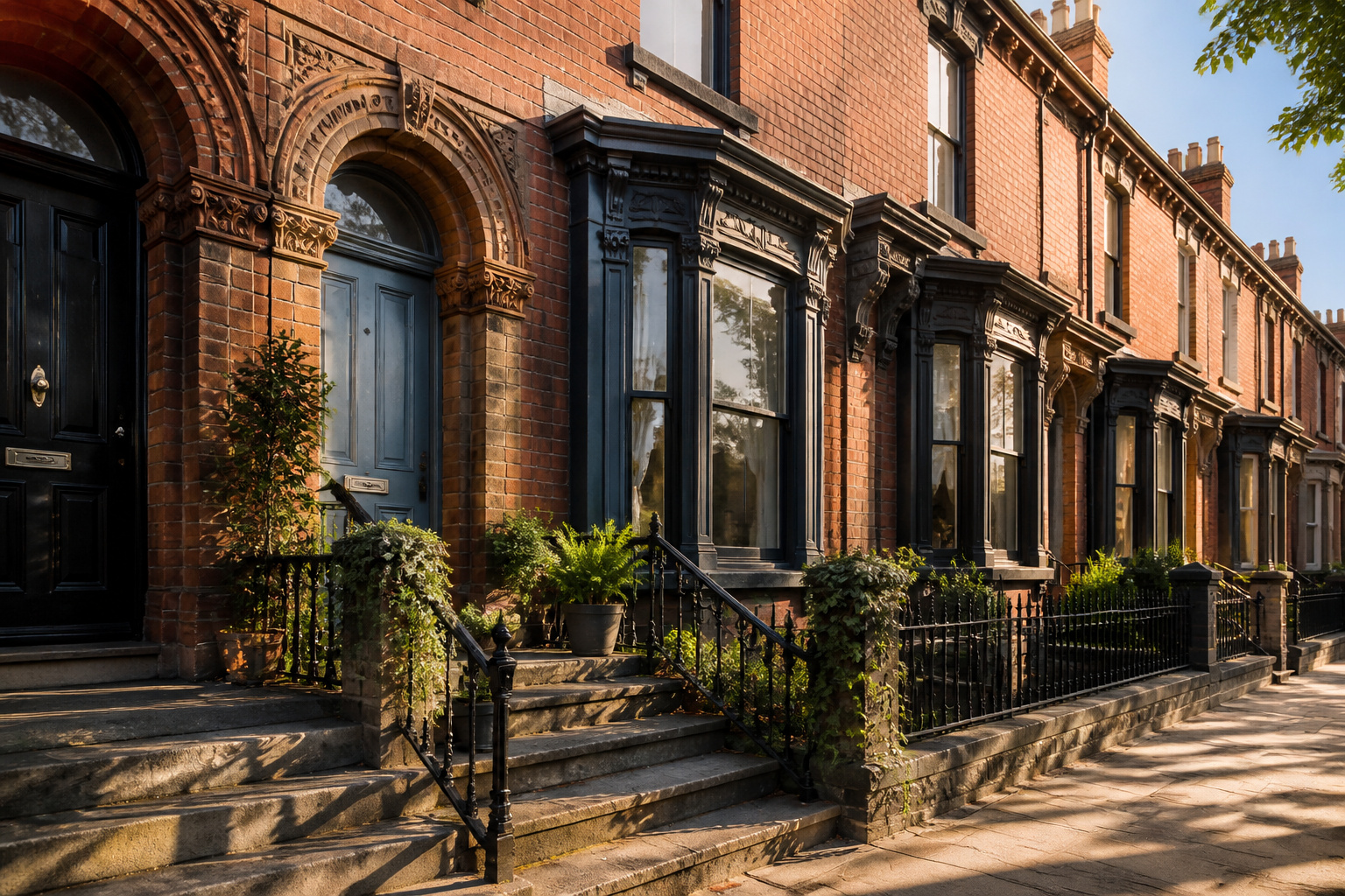 Victorian terrace houses lined up, displaying their distinctive architectural features.