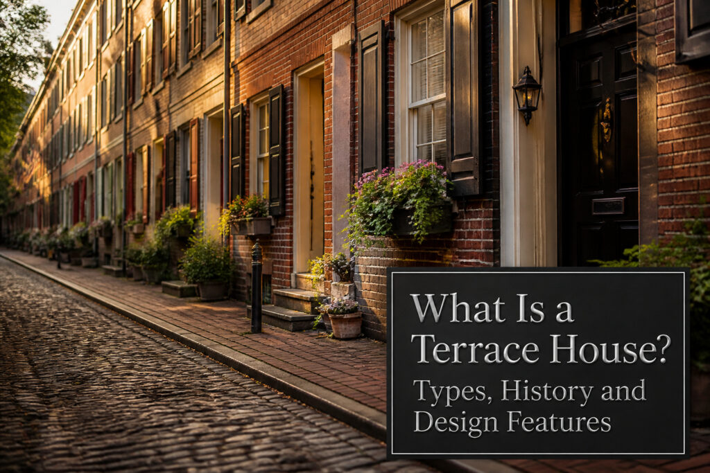 A row of classic terrace houses with matching brick façades and gabled roofs.
