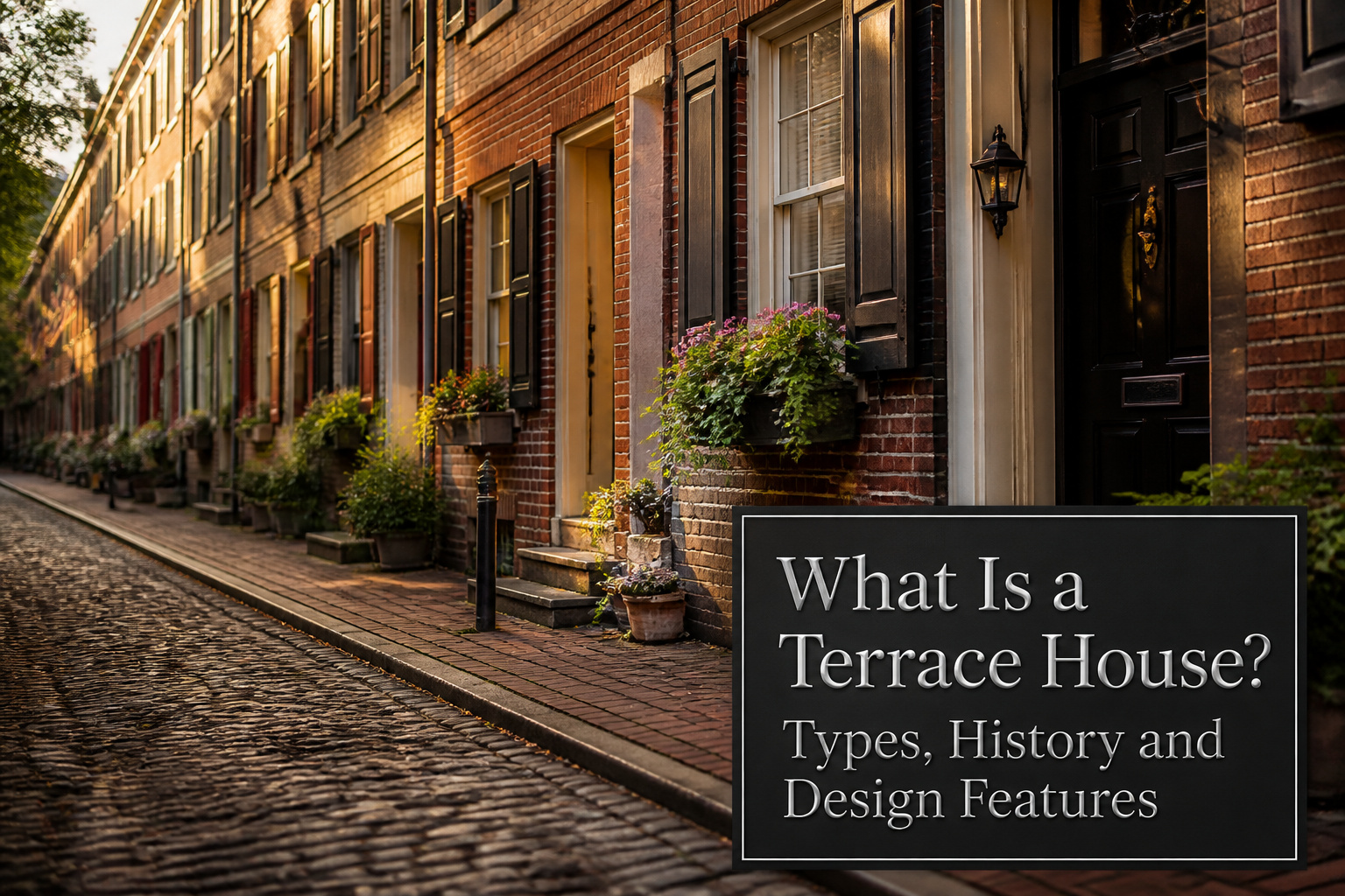 A row of classic terrace houses with matching brick façades and gabled roofs.